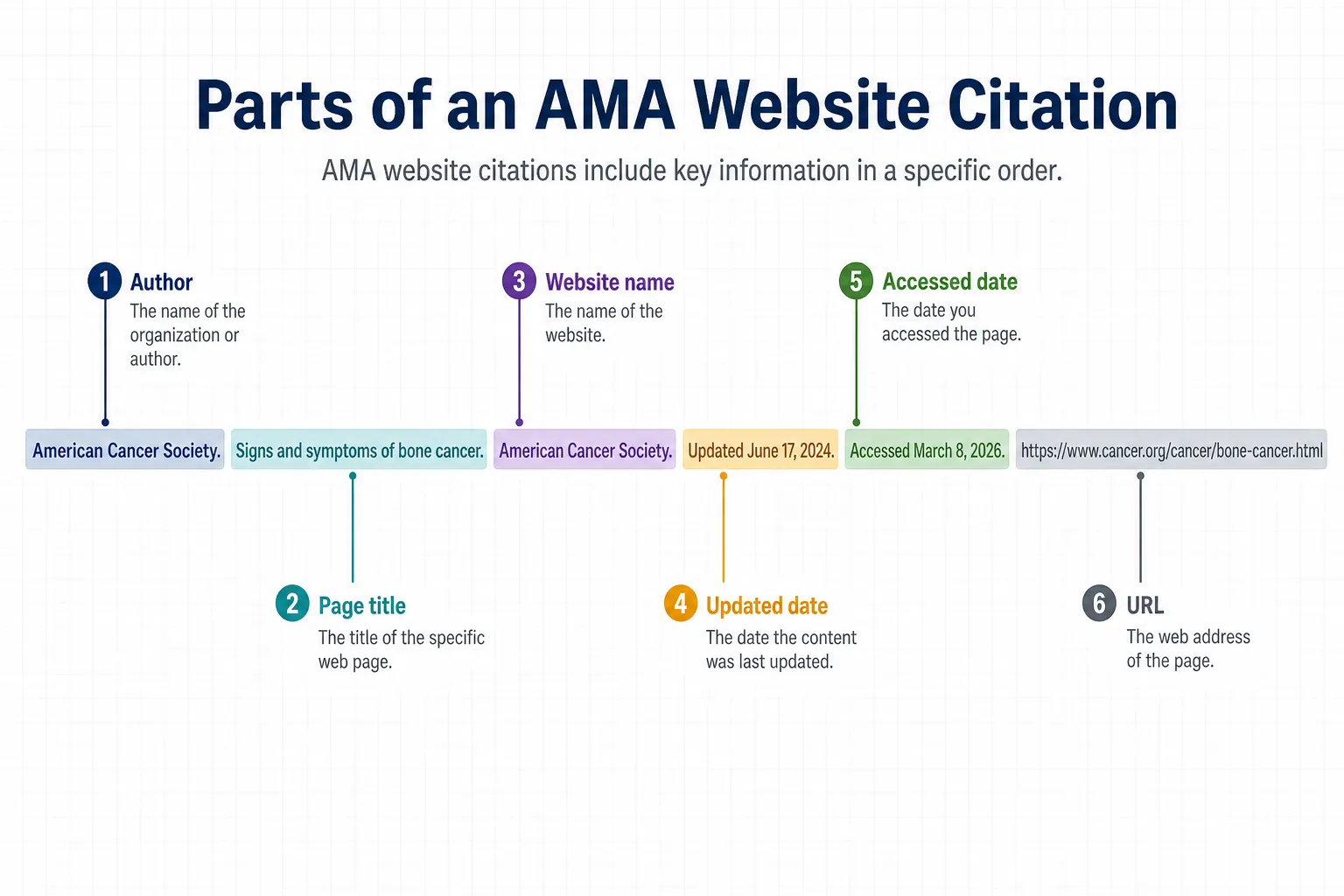 Diagram labeling each part of an AMA website reference: author, title, site, updated date, accessed date, and URL